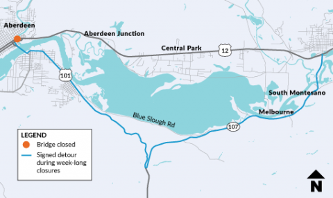 During construction, travelers will see the bridge closed to vehicle traffic for up to one week at a time several times during the course of the project. These weeklong closures will be annunced in advance. To keep goods and people moving, travelers will follow a signed detour using State Route 107 and US 101. The detour adds approximately 15 minutes of travel time. Local residents should consider alternate routes to avoid delays. WSDOT will work to limit closures and noise as much as possible, however this