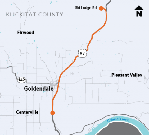 Map showing the location of paving work along US 97, between Centerville Road and Ski Lodge Road, in Klickitat County