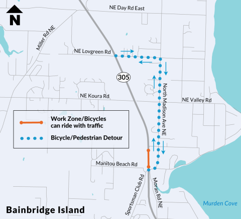 Murden Creek fish barrier removal tree replacement plan. Imagine of SR 305 at Murden Creek showing tree and shrub replacement. North to the right. 79 Western Hemlock, 79 Cascara Buckthorn, 79 Douglas Fir trees and 3,000 shrubs will be planted for this project. 