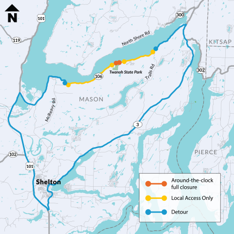 A map showing Mason County. A red area indicating a 20-day closure of SR 106 at Twanoh State Park with a detour around the project on US 101 and SR 3.