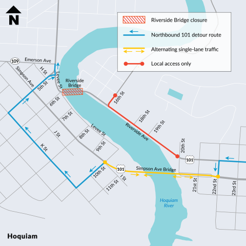 A map showing the Riverside Avenue Bridge closure indicated by a red box with slashes and detour to Simpson Avenue indicated by blue lines and arrows. A yellow line over the Simpson Ave bridge shows one-way alternating traffic and a red line over US 101 on the northside of the river between the two bridges indicates the road is local access only.