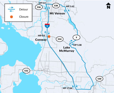 Detour for the SR 534 Carpenter Creek Fish Passage project during the full-closure of the highway.