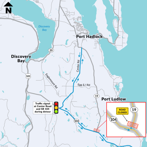 A detour map for an upcoming project on State Route 104. Access to State Route 19 will be closed. Travelers will have to detour around the SR 19 closure on Center Drive. A traffic signal is placed at the intersection of SR 104 and Center Road. The detour spans Center Road between SR 104 and where it meets SR 19 in Chimacum.