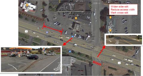 An overhead photo with red lines showing where we will widen the sidewalk and reduce the driveway access width on the northwest side of US 2 and Woods Creek Road and mark the crosswalk on the southside of US 2 and Ann Street.