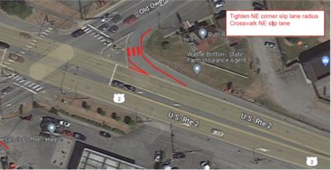 An overhead photo with red lines showing where we will tighten the sliplane and add a crosswalk on the northeast corner of US 2 and Old Owen Road, milepost 15.22.