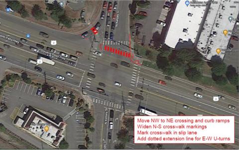 An overhead photo with red lines showing where curb ramps and a crosswalk will be built on the northwest and southwest corners of US 2 and North Kelsey Street.