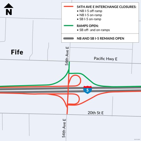 View full image of map of I-5 at 54th Avenue in Fife showing closure area in red.