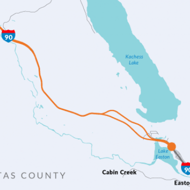 Map of Phase 3 and 4 of the I-90 Snoqualmie East project located just east of Keechelus Lake