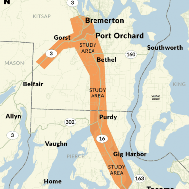 A map of SR 16 showing the corridor between the Tacoma Narrows Bridge and Gorst