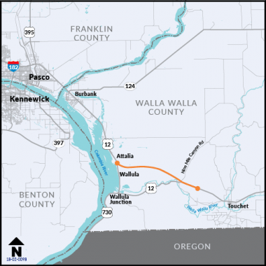 Map of Phase 8 from Packaging Corporation of America to Nine Mile Hill. When this project is complete, there will be four lanes of traffic for Burbank to Walla Walla.