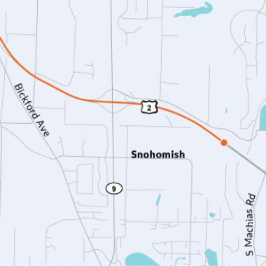 Map of the area of US 2 where a median barrier will be installed between Bickford Avenue and the vicinity of South Machias Road.