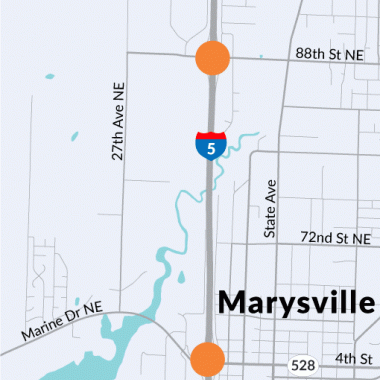 A map showing the locations of the Marine Drive and 88th Street Northeast interchanges