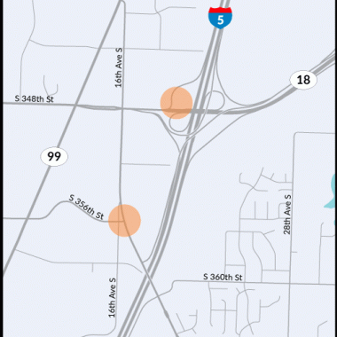 This map shows the locations of improvements planned for the I-5/SR 161/SR 18 interchange in Federal Way, WA.