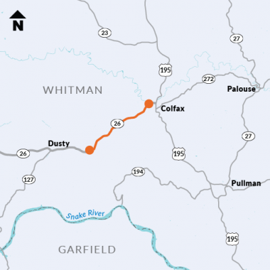 Project location for the SR 26 Dusty to Colfax add climbing lanes project.