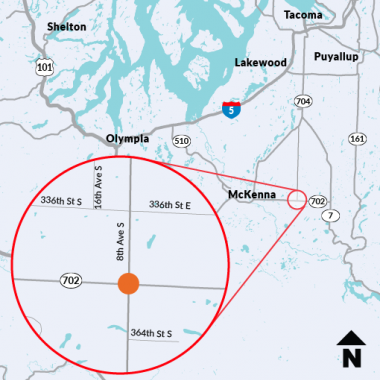 A map of the location of the study at SR 702 and 8th Avenue South in Pierce County