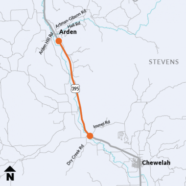 Project location for the Immel Rd. to Arden paving project on US 395 in Stevens County.