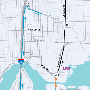 Map showing primary work zone for Montlake Bridge closure