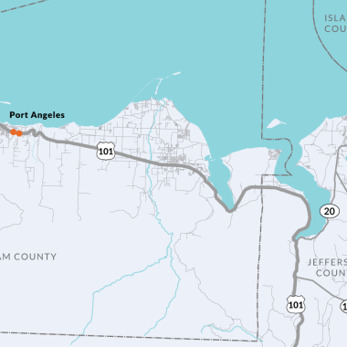 This map shows the locations where crews will correct barriers to salmon migration in Jefferson and Clallam counties.