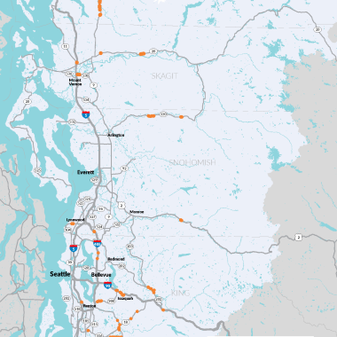 A map that shows the 88 locations, in orange, of the emergency pavement repair project across King, Snohomish, Skagit and Whatcom counties.