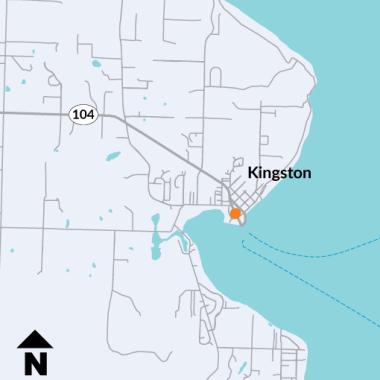 Map of Kitsap County with orange circle over Kingston and State Route 104 with north arrow pointing up. 