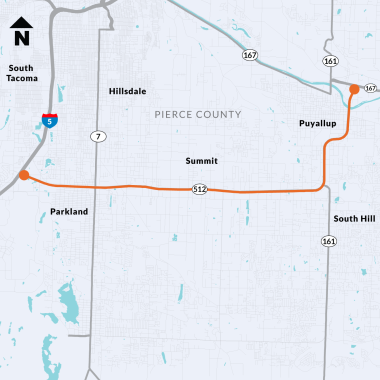 A map of SR 512 from Interstate 5 to SR 167 and surrounding roads