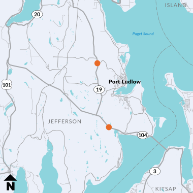 A graphic map of locations on State Route 104 and State Route 19 where two new fish structures will be built.