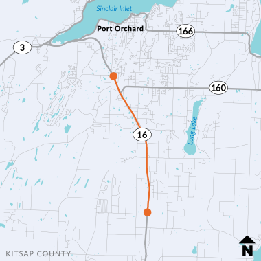 Map of State Route 16 between Sedgwick Road near Port Orchard and Southeast Burley Olalla Road in Kitsap County. North arrow pointing up.