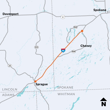 Project map location for the Illumination Rebuild project on I-90 between Sprague and the SR 904 interchange in Spokane and Lincoln counties. Two orange dots connected by an orange line on Interstate 90 between Sprague and the SR 904 interchange.