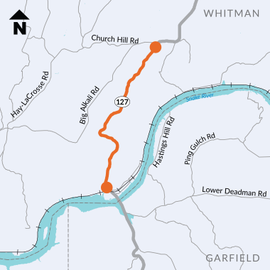 Project map for paving project between Central Ferry and Big Alkali Road on SR 127 in Whitman County. Two orange dots are connected by an orange line on SR 127 between Central Ferry and Big Alkali Road