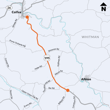 Project map location for the Babbit Road to Colfax paving project on US 195 in Whitman County. Two orange dots connected by an orange line on US 195 between Babbit Road and Colfax.