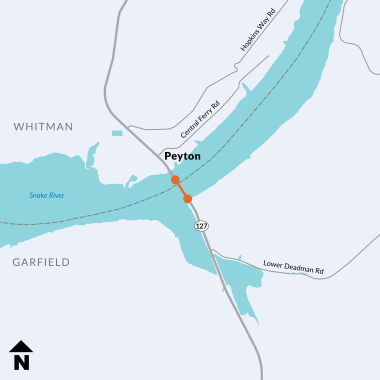 A map showing the location of the Elmer C. Huntly Bridge on SR 127 over the Snake River. WSDOT contractor crews are making repairs to the bridge deck.