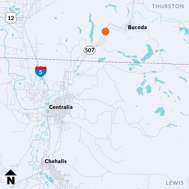 Map of SR 507 near Bucoda with orange dot showing location of work zone near Thurston and Lewis County line. Map also shows Centralia, Chehalis, I-5, US 12 and north arrow pointing up. 