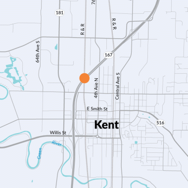 Map showing area of lane closures on SR 167, over Interurban.