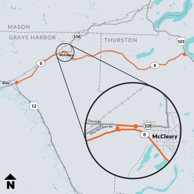 Map showing SR 8 in Grays Harbor and Thurston counties from US 12 to US 101 with a close up of SR 108 in McCleary.