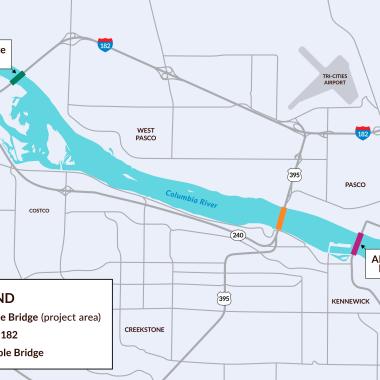 Map showing the project area for the painting of the US 395 Pioneer Memorial Bridge. The map shows the project area and alternate bridges travelers can take around the work.