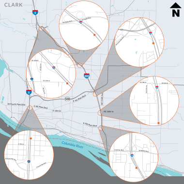 Image shows project locations for the new ramp meters being installed on the northbound I-5 Fourth Plain Boulevard on-ramp and several on-ramps along southbound I-205. 