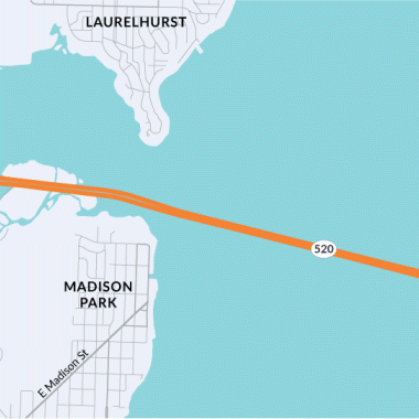 A map showing the work zone on the SR 520 Evergreen Point floating bridge from just east of Montlake Boulevard East to just west of Evergreen Point Road.