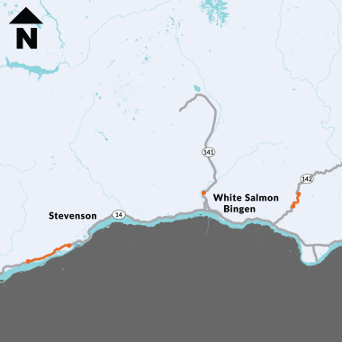 Project map location for stormwater retrofit work happening along SR 14 in Skamania County and SR 141 and 142 in Klickitat County.