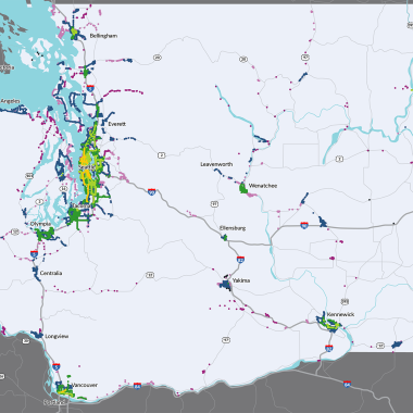 A map of Washington state with different areas shaded representing different levels of frequency for fixed route transit. 