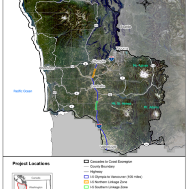 A map depicting two wildlife corridors crossing I-5, the Northern Linkage Zone south of Olympia, and the Southern Linkage Zone in the Castle Rock Vicinity, each approximately 10 miles long.