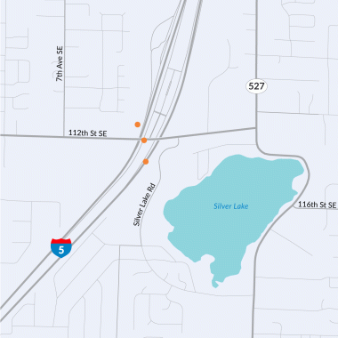 A map showing orange dots where WSDOT will build three fish-passable structures under I-5 near 112th Street Southeast in Everett