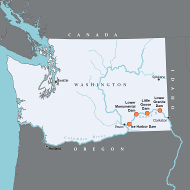 Map of where the lower Snake River Dam removal is located