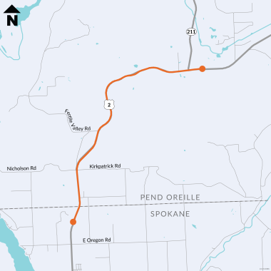 Map location for the US 2 paving project between the Spokane County line and State Route 211.