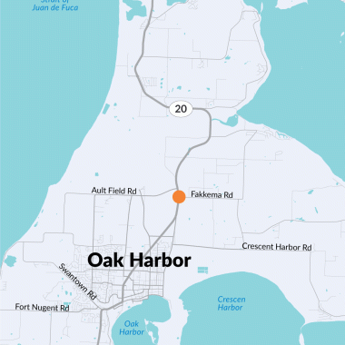 A map with an orange dot showing where WSDOT will build a compact roundabout on SR 20 at West Fakkema Road.