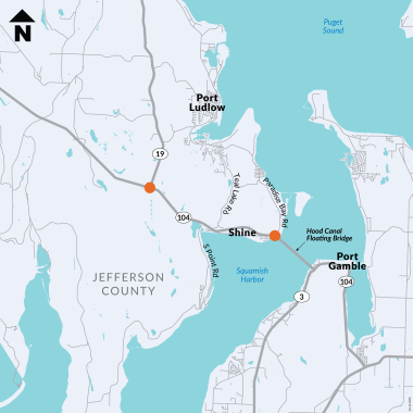 A map of two locations on State Route 104. One is at Paradise Bay Road/Shine Road and the other is at State Route 19. Both of these intersections will have roundabouts constructed there.