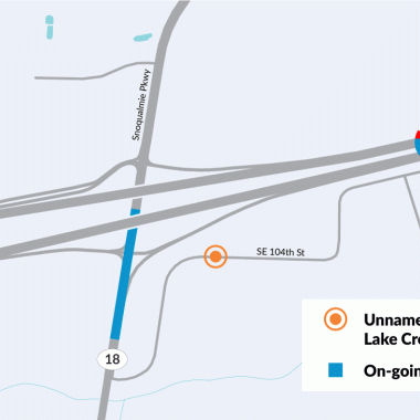 A map showing and orange dot where WSDOT will improve fish habitat just south of the city of Snoqualmie. 