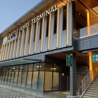 The front door or entry building of the new Seattle terminal at Colman Dock