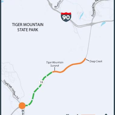 A map showing SR 18 where a green line shows phase 2 and an orange line shows phase one of the widening project.