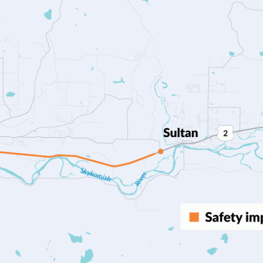 A map of US 2 with orange dots and lines showing the areas where safety improvements will be built. 