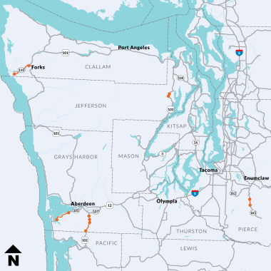 Map of the chip seal projects happening around the Olympic Peninsula. Roads that are affected are highlighted in orange.